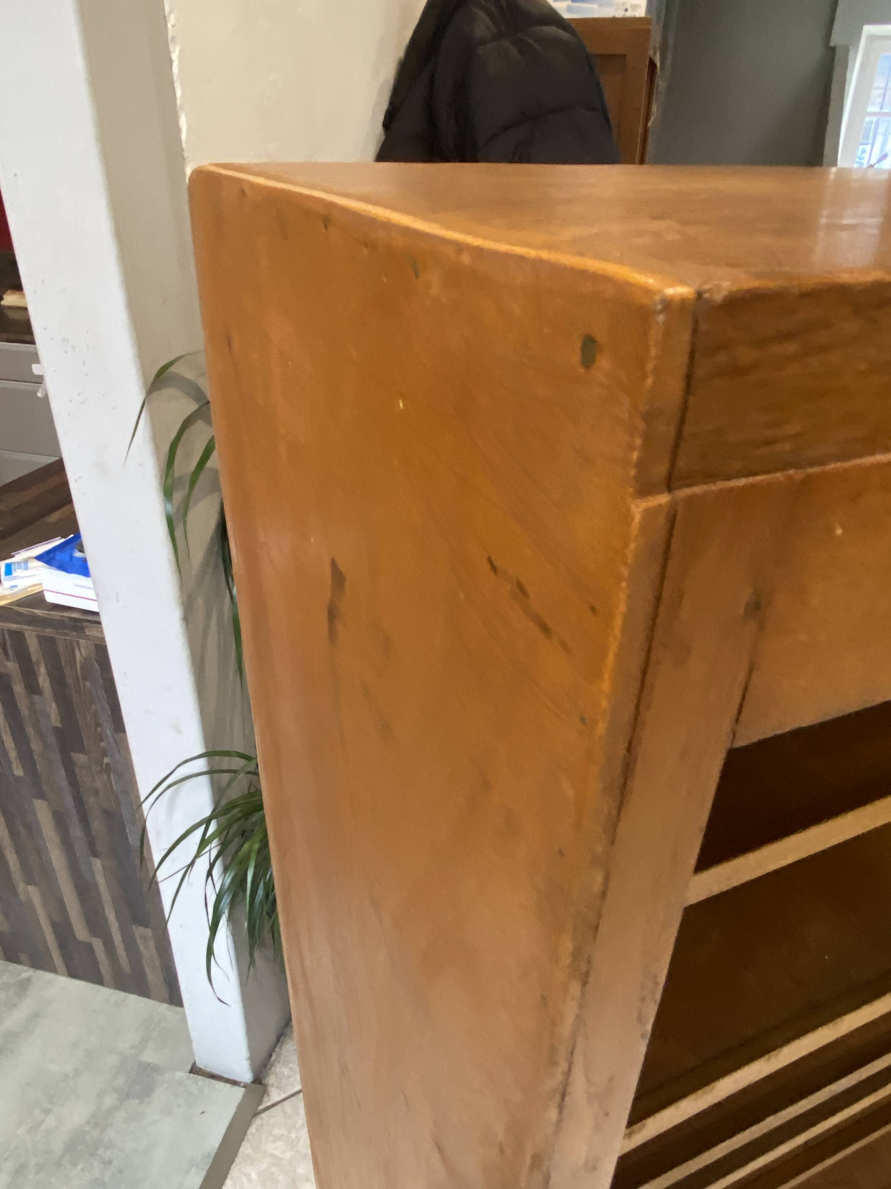 1950s oak office storage cabinet with curtains.