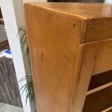 1950s oak office storage cabinet with curtains.