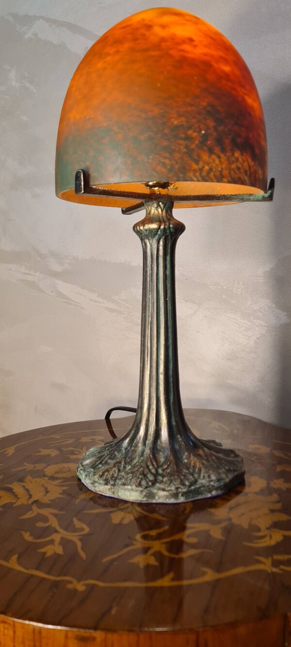 Lampe champignon pate de verre pied metal patiné bronze 39x18 elec refait a neuf