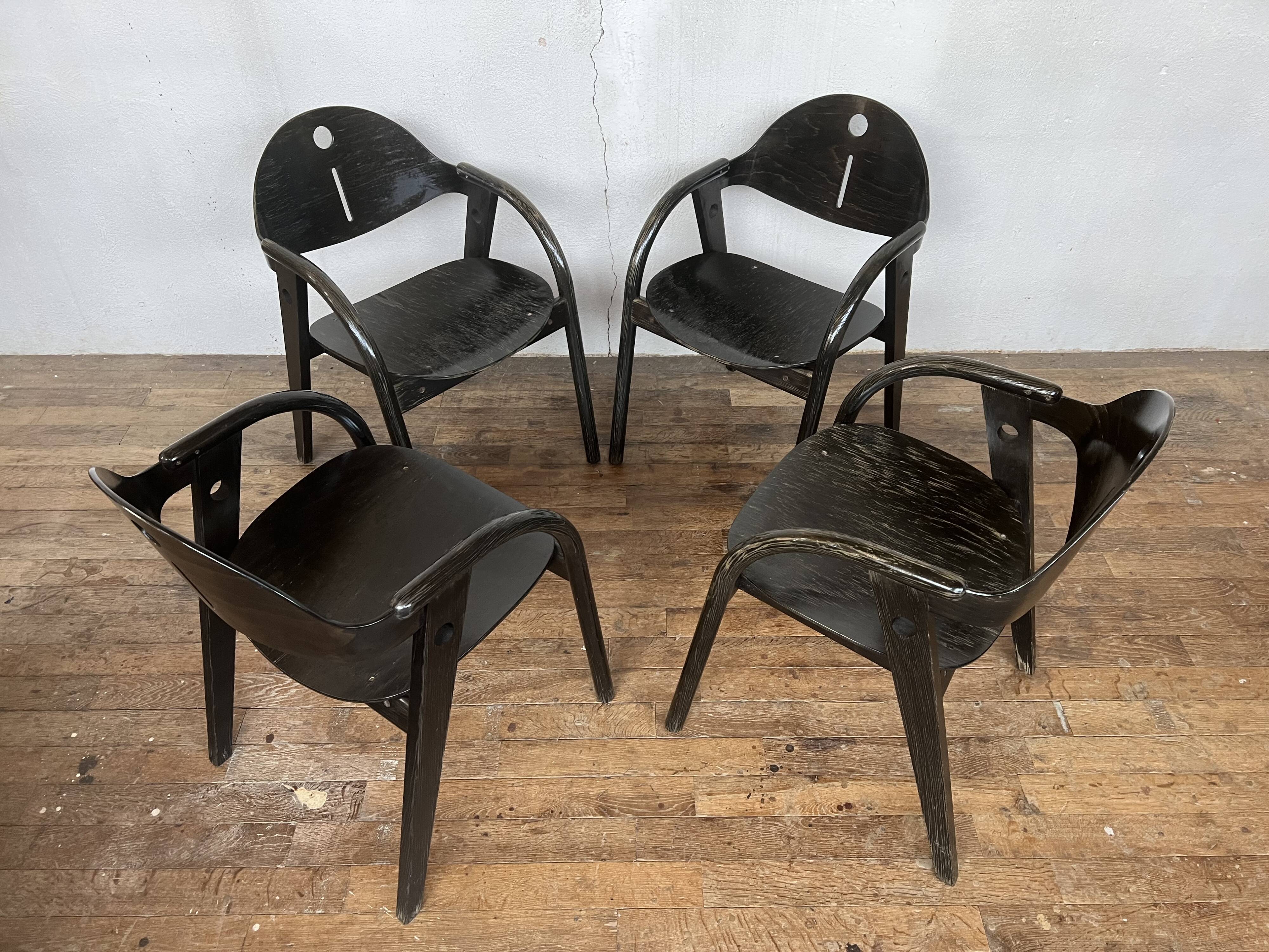Rare series of 4 armchairs Baumann 1970 80 black original