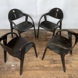 Rare series of 4 armchairs Baumann 1970 80 black original