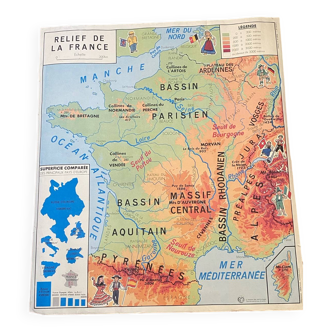 School geographical map of the reliefs of France