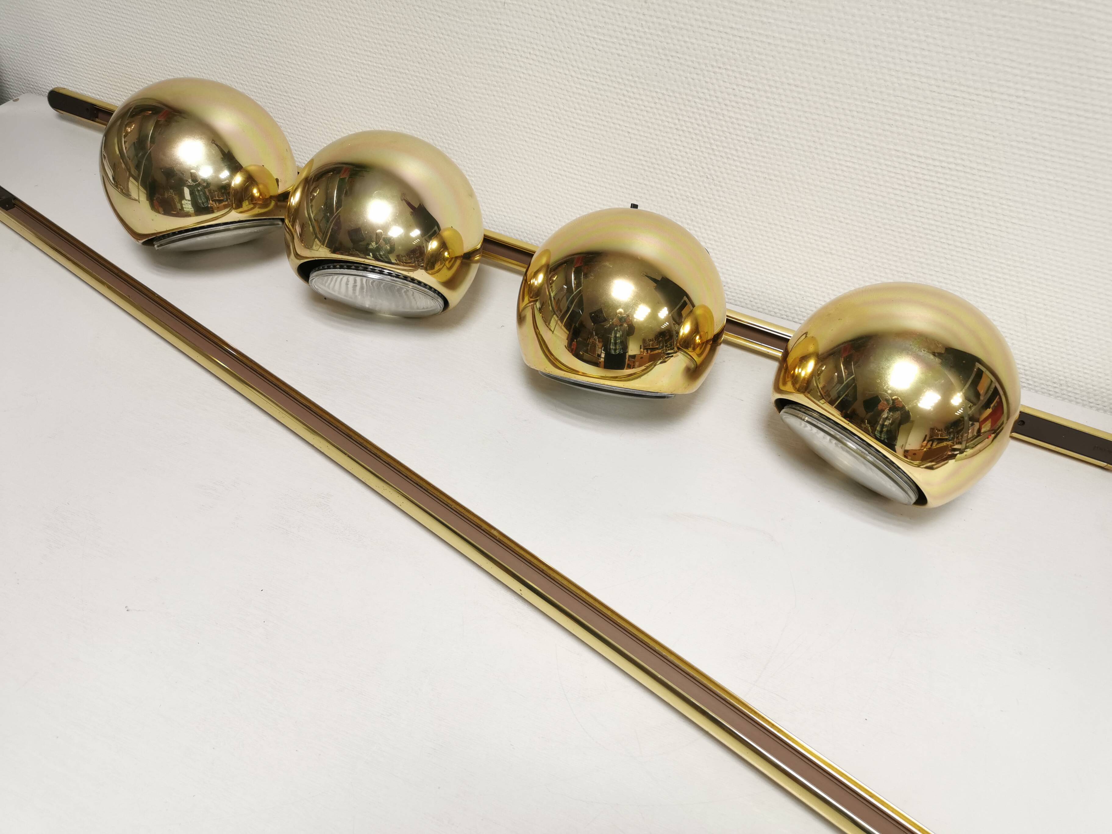 4 large golden ball spots, space age 60 70's. concord wall light on rails
