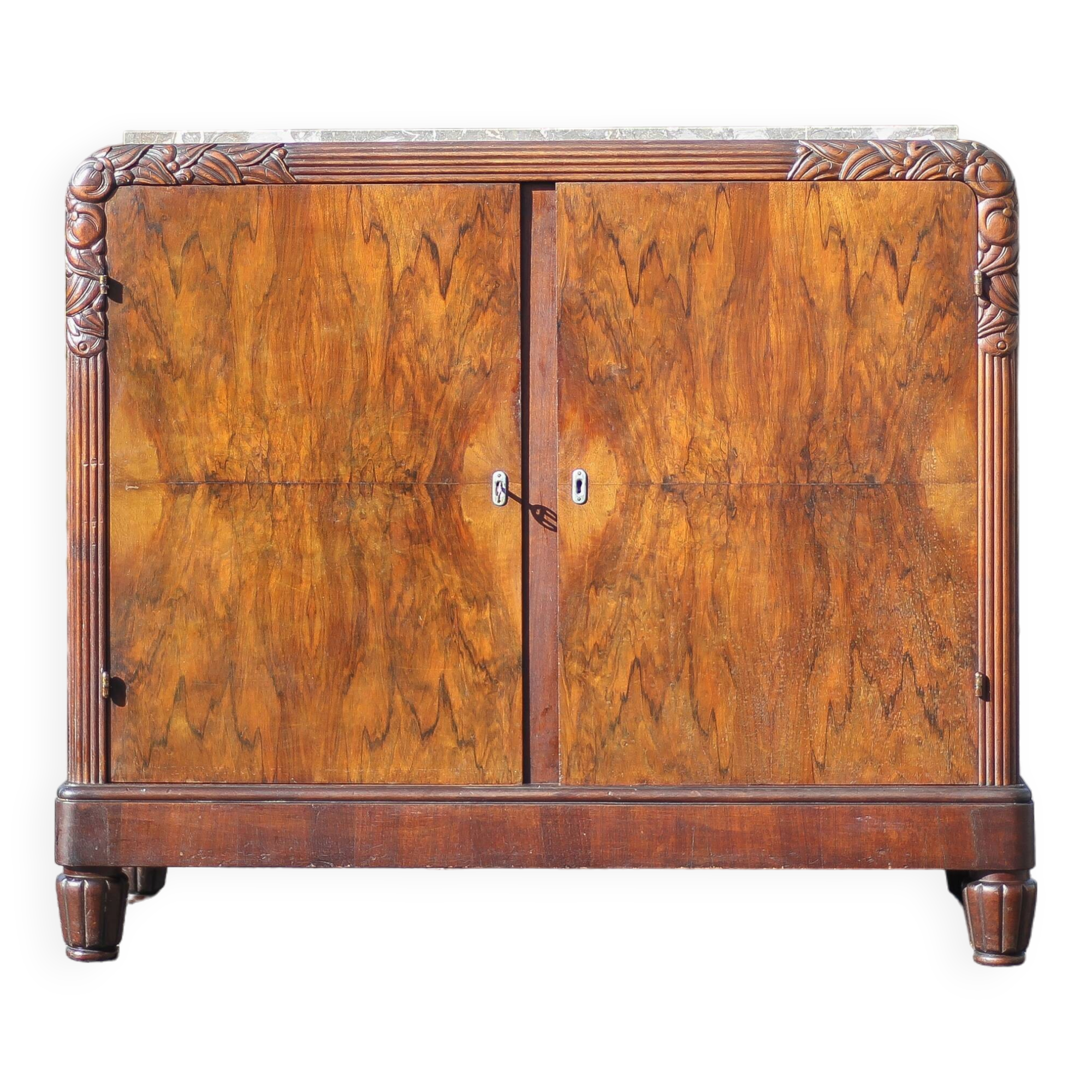 Buffet art déco 2 portes, meuble bois et marbre art déco