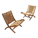 Pair of Mid-Century Modern folding chairs in beech and paper cord by Ebert Wels.