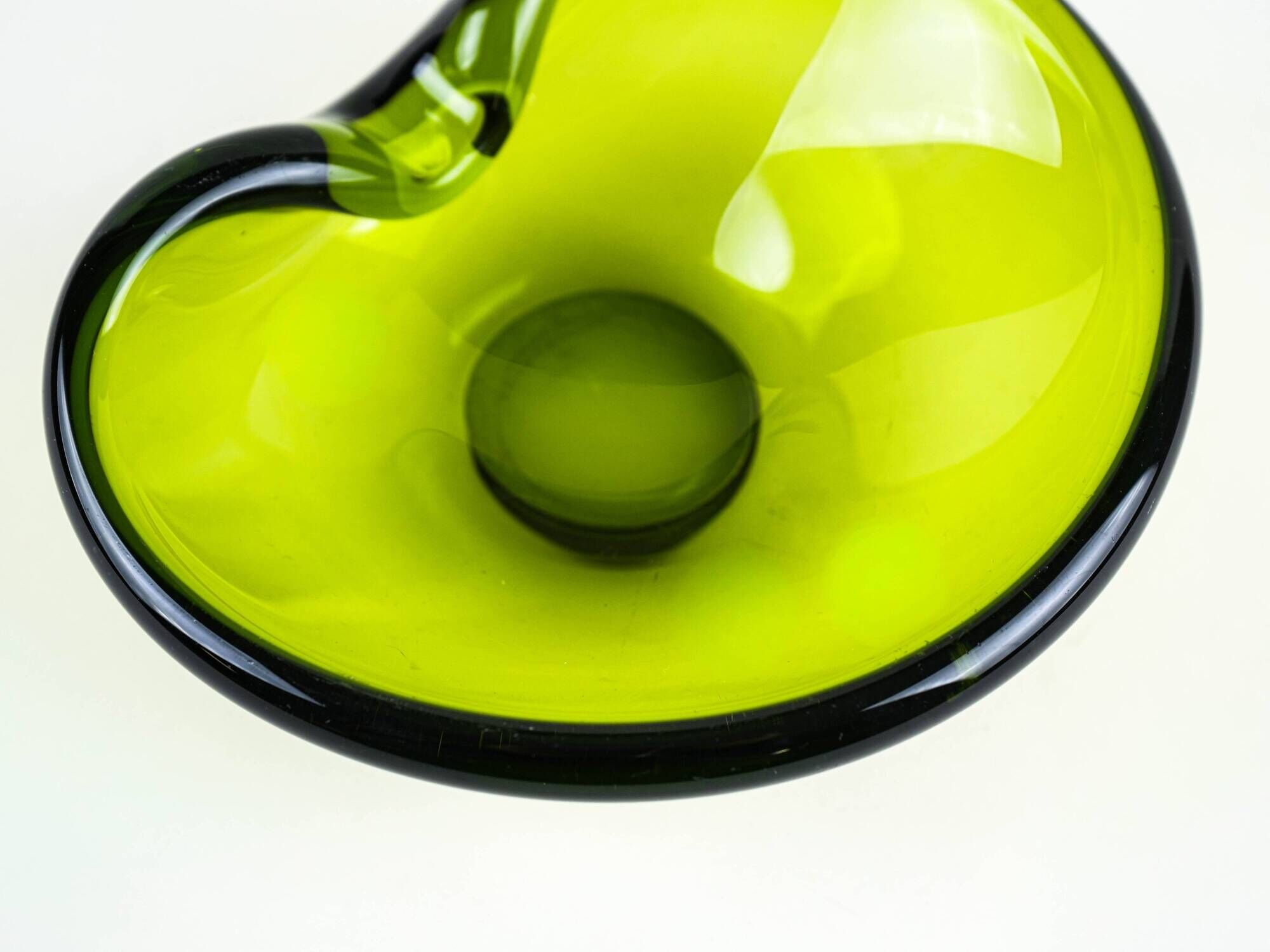 Holmegaard glass platter in olive green, organic form, Danish design, 1970s