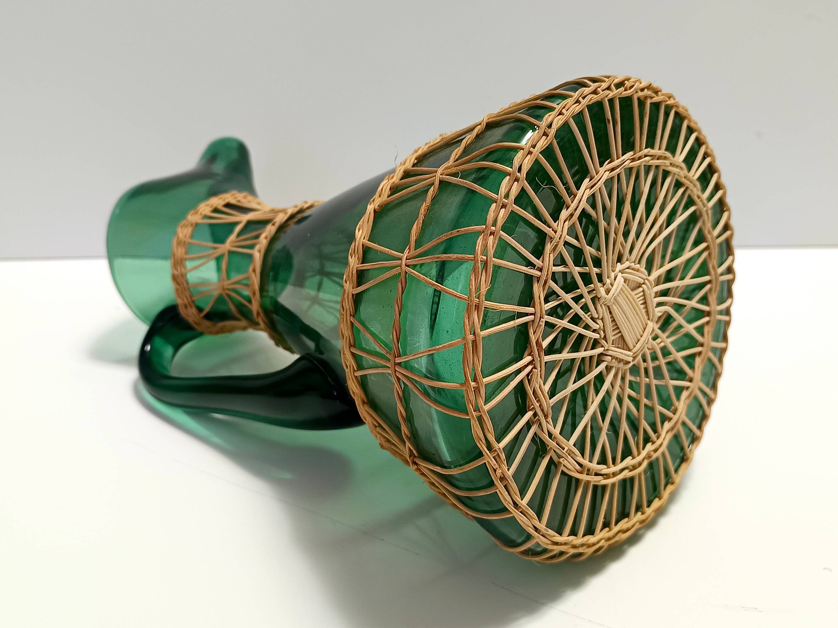 Green Hand Blown Glass and Wicker Jug / Vase, Empoli, Italy