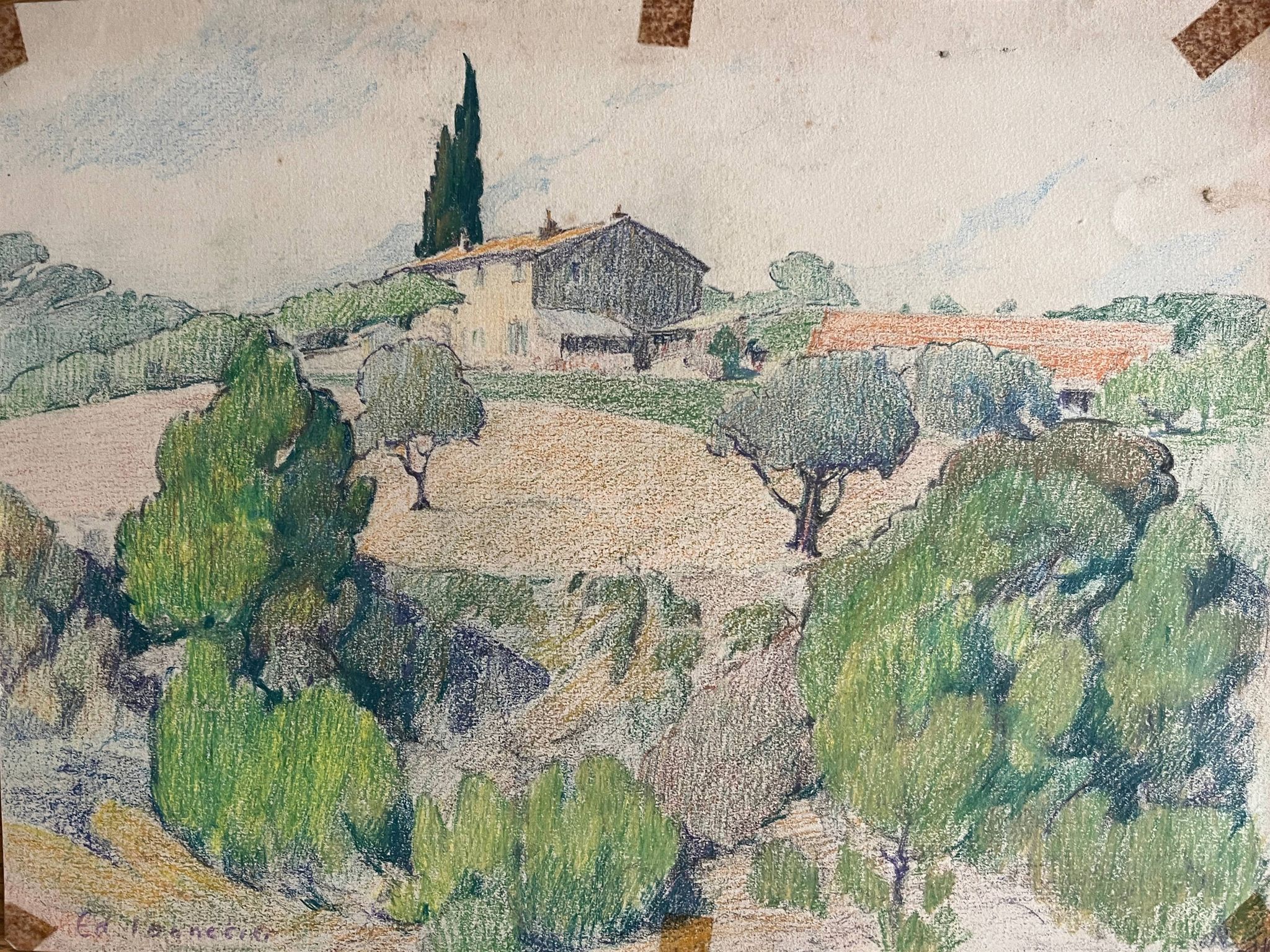 Paintings set of 3 drawings by Ed. Pannetier (1884-1965) Provence Côte d'Azur