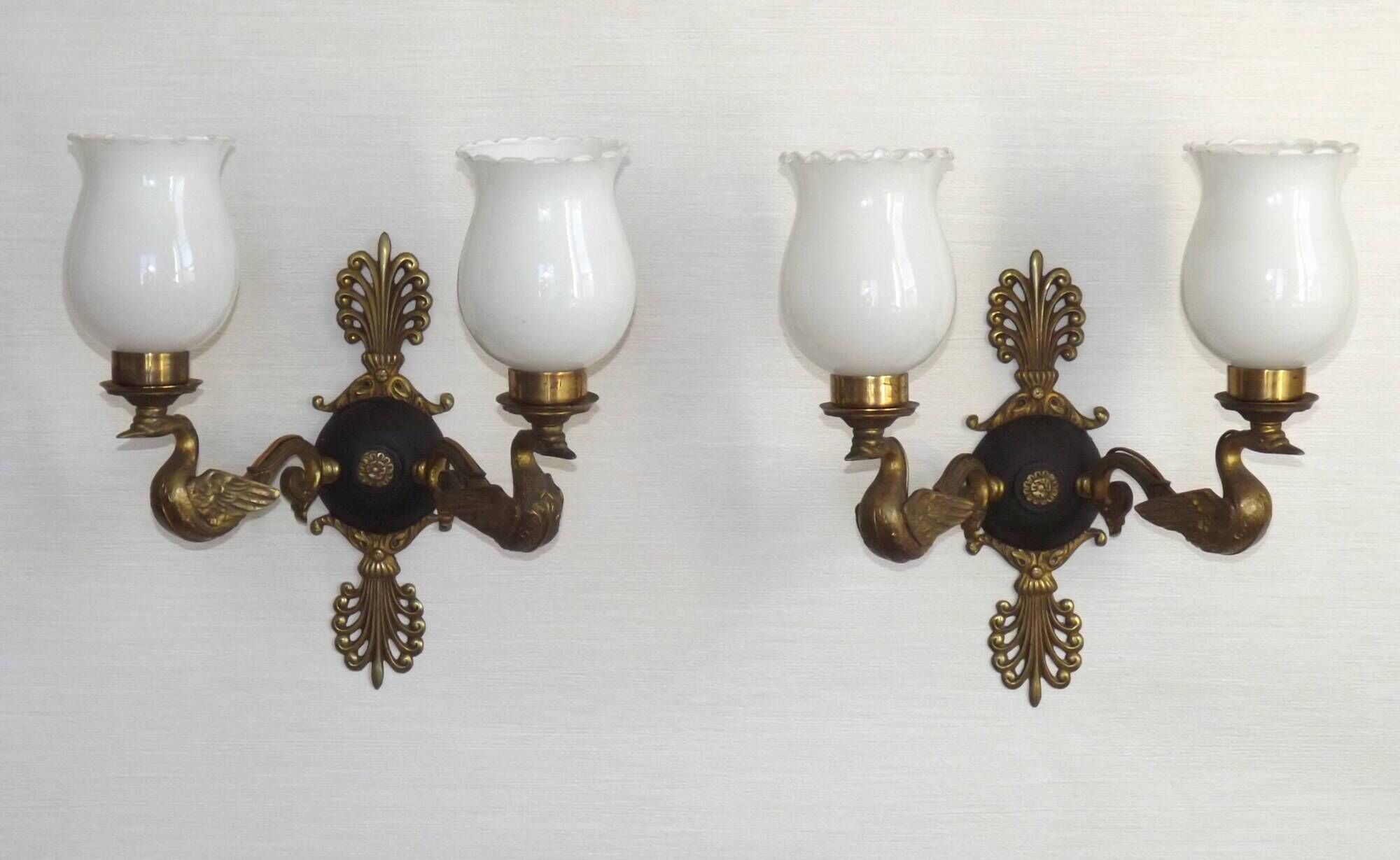 Pair Of Lucien Gau Style Double Swan Wall Lights With Opaque Glass Shades