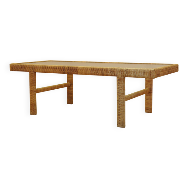 Table d'appoint en verre et osier, design danois, années 1970, fabriquée au Danemark