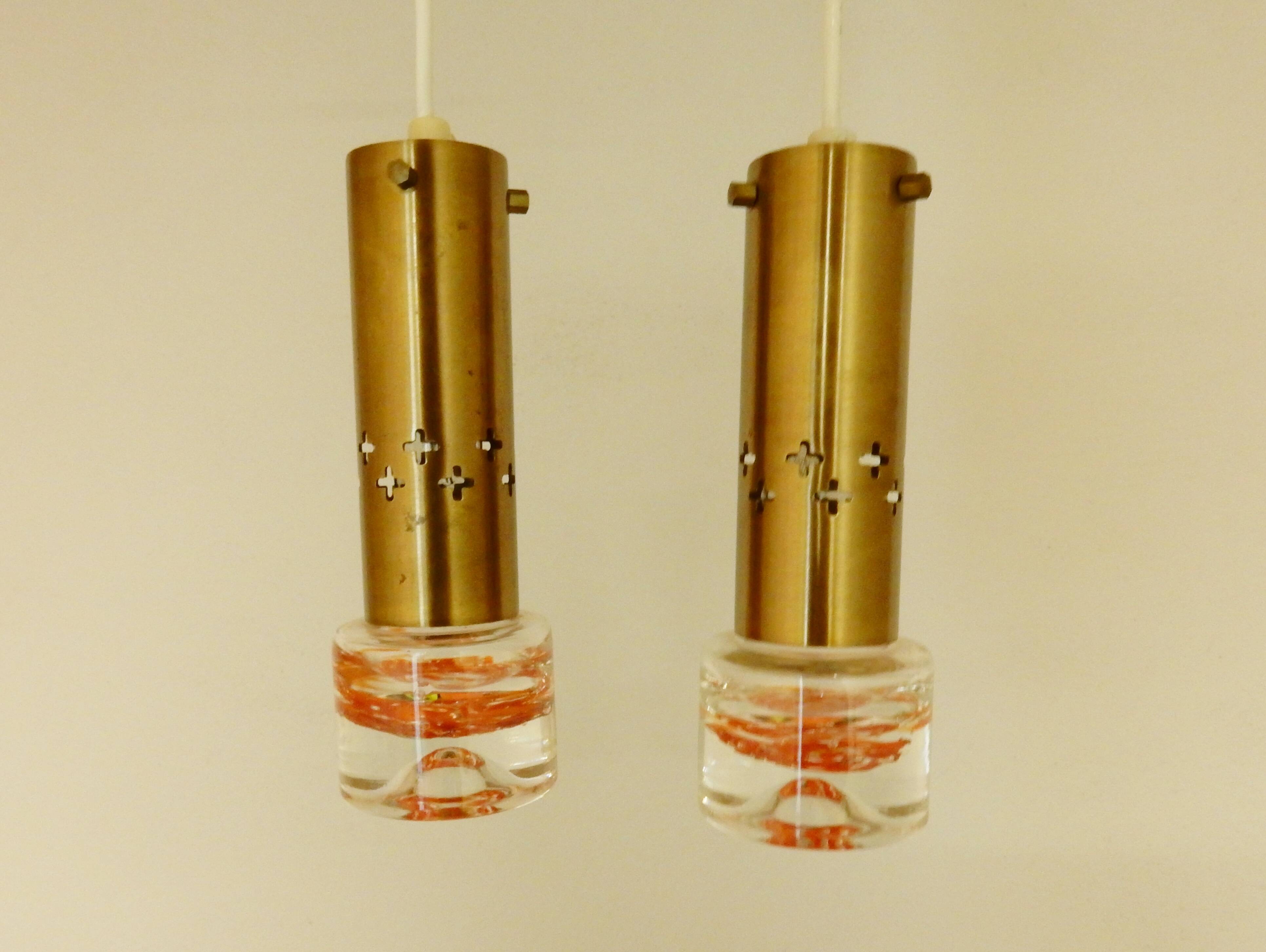 Set of two brass and glass pendant lamps for Örsjö Belysning, Sweden 1960's