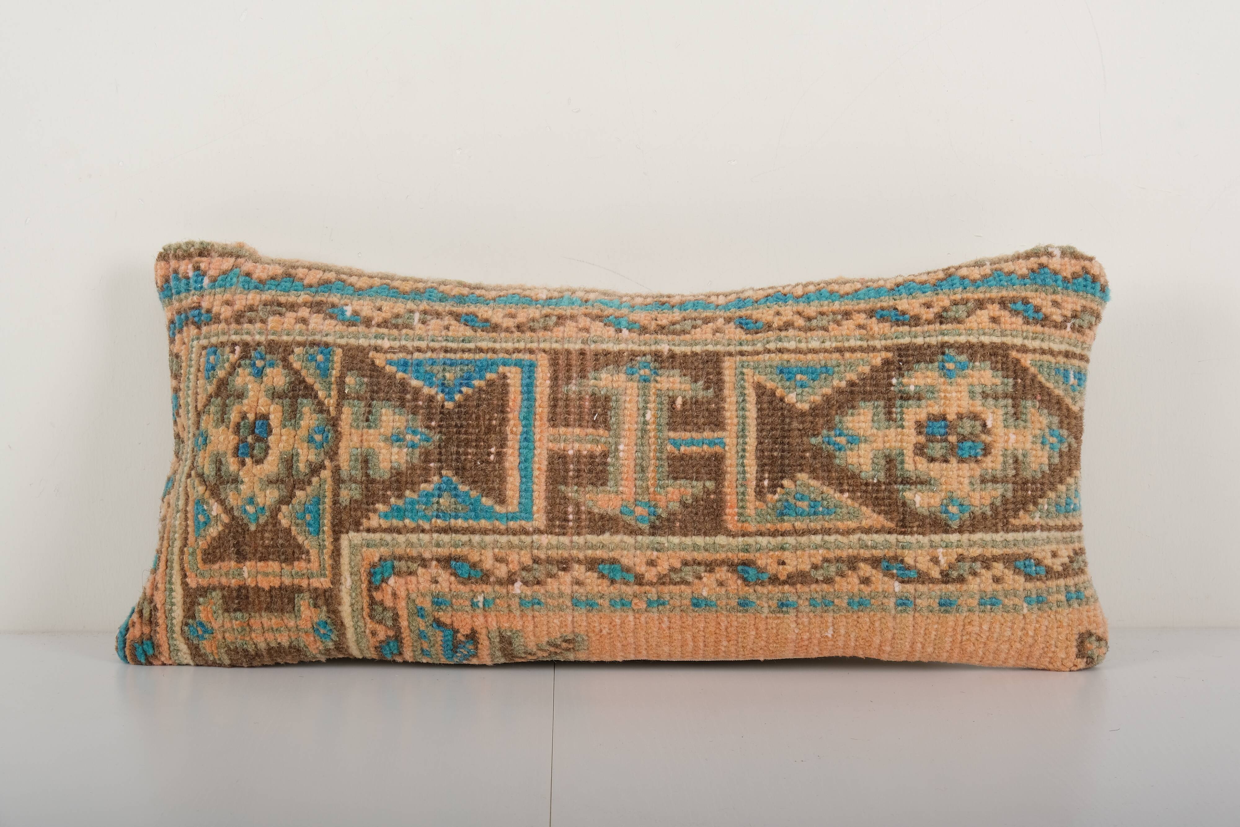 Turkish wool carpet rug cover, handwoven oushak faded pillow, bohemian lumbar, couch aztec pillow 12