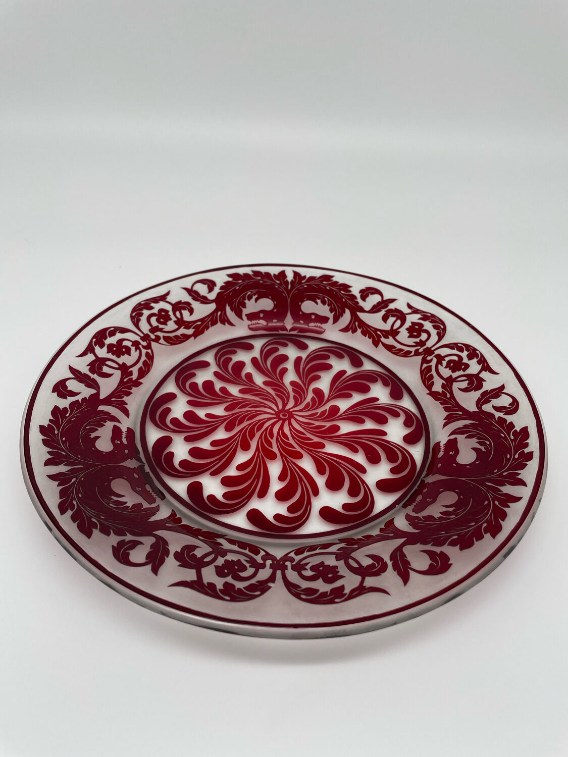 Red cut crystal plate dragon floral pattern