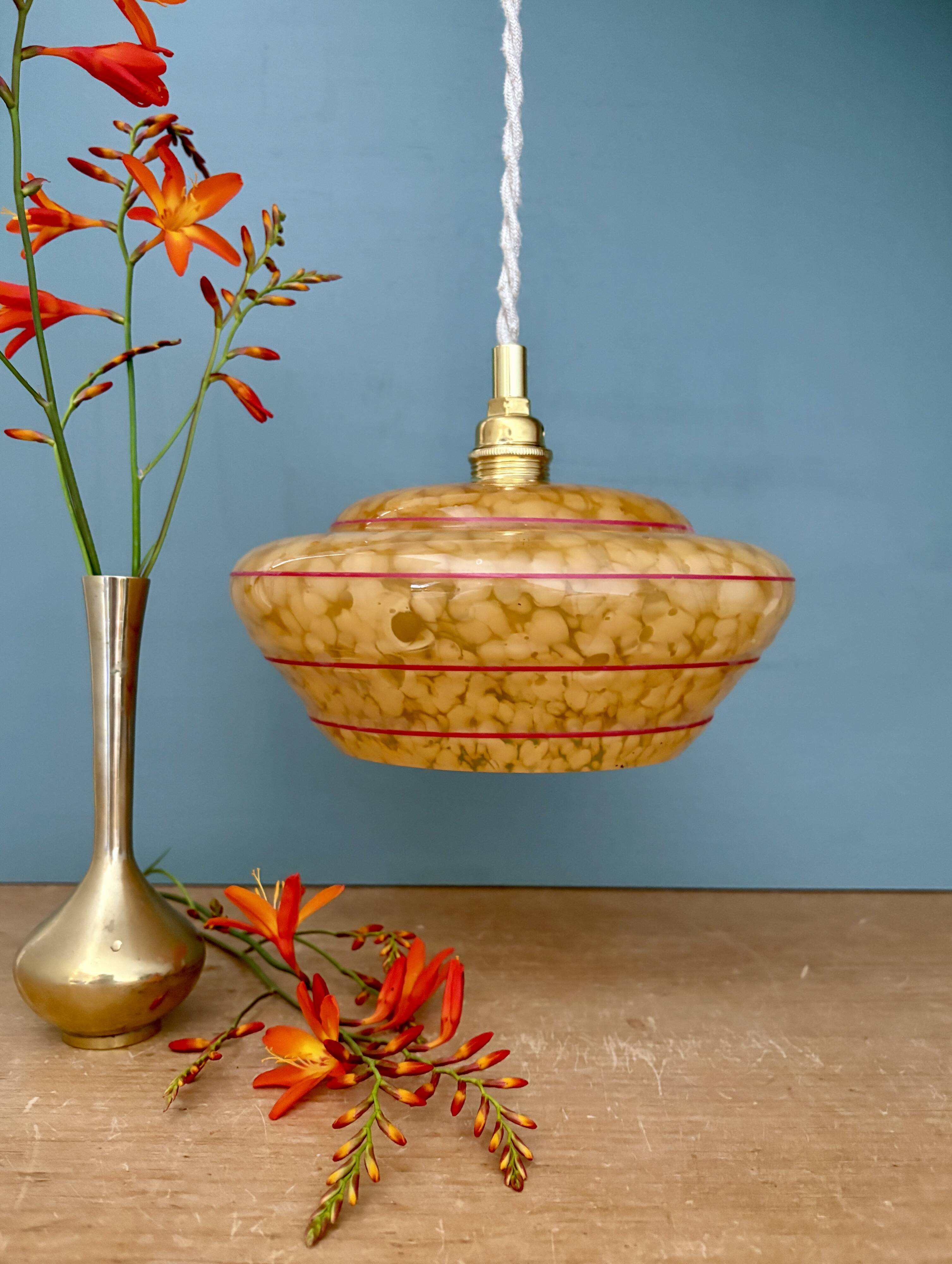 Vintage pendant lamp shade in yellow Clichy glass with red trim