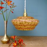 Vintage pendant lamp shade in yellow Clichy glass with red trim