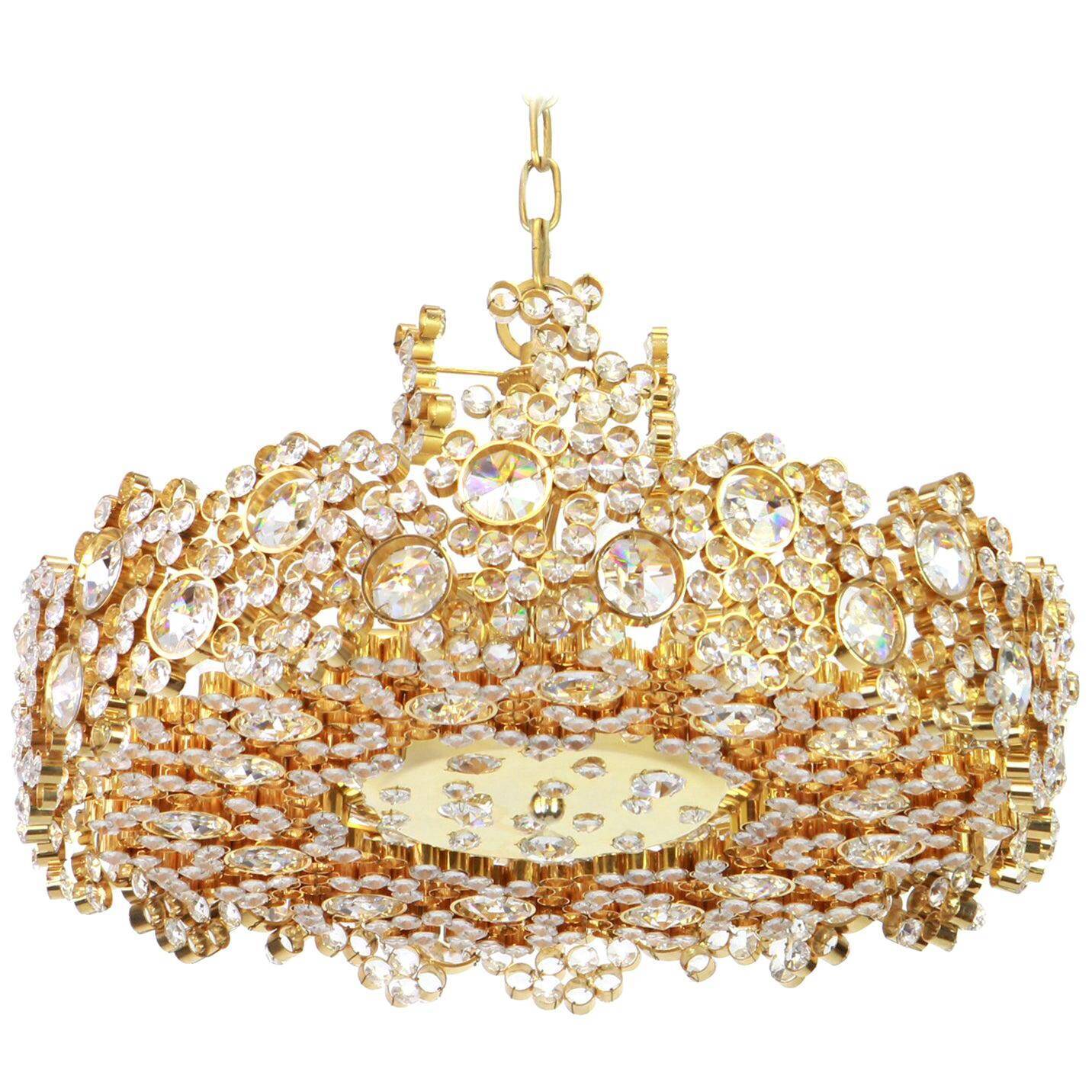 Lustre en laiton doré et verre cristal incrusté par Palwa, Allemagne, années 1970