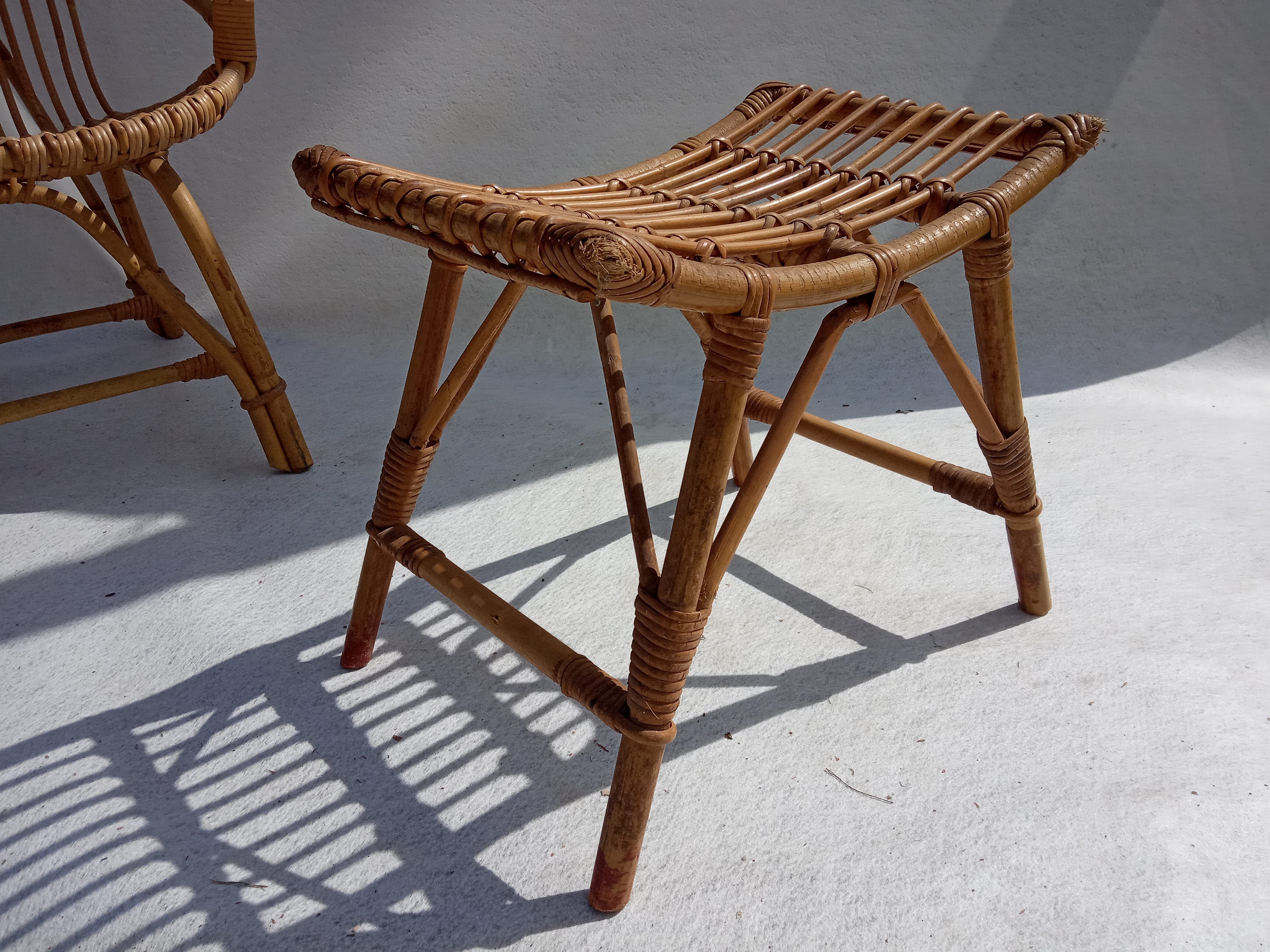 Armchair and footrest in rattan, years 50/60