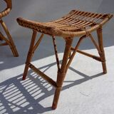 Armchair and footrest in rattan, years 50/60