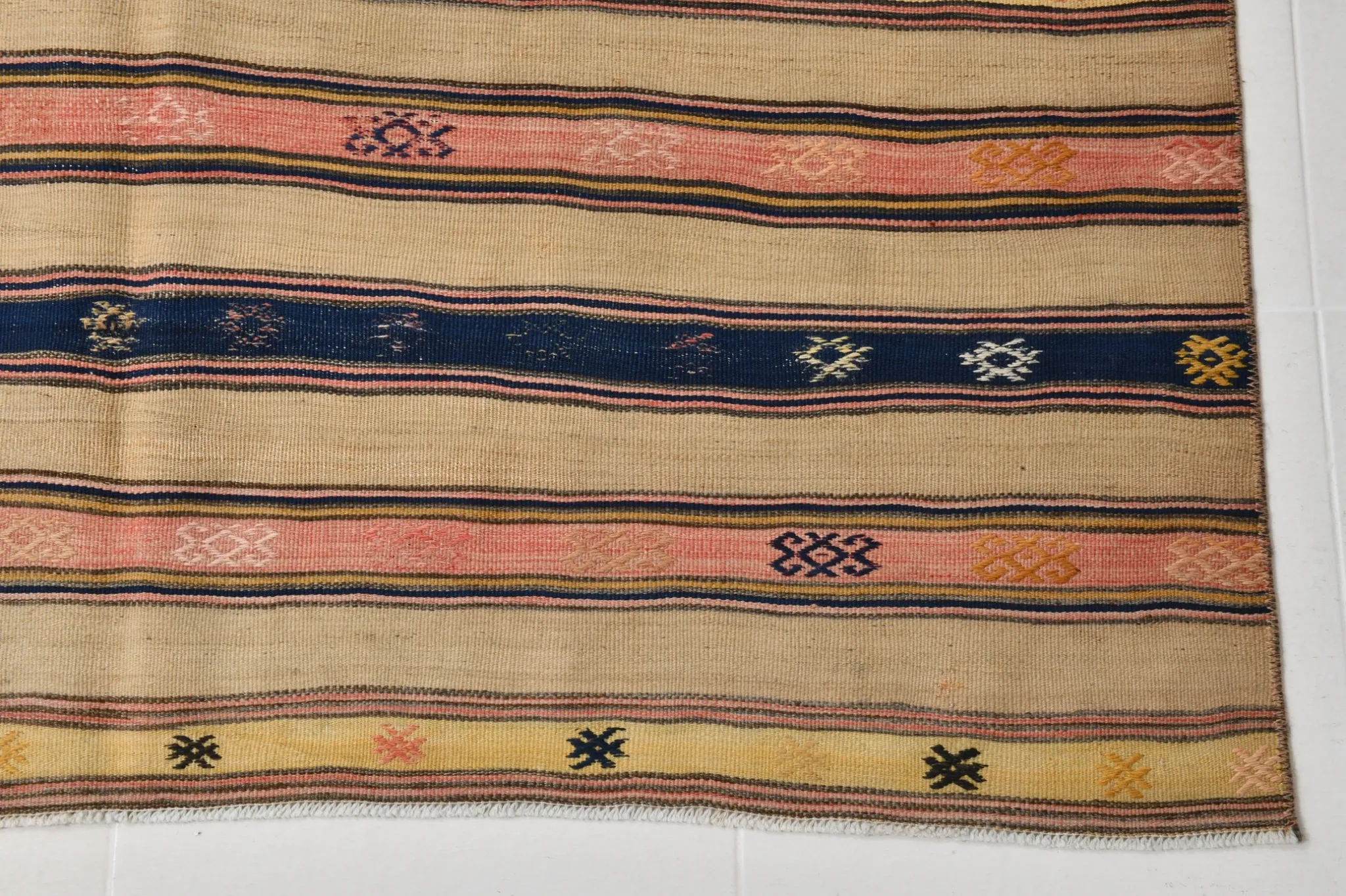 Turkish Vintage Blue & Beige Kilim Rug, Mid Century Modern Farmhouse Decor