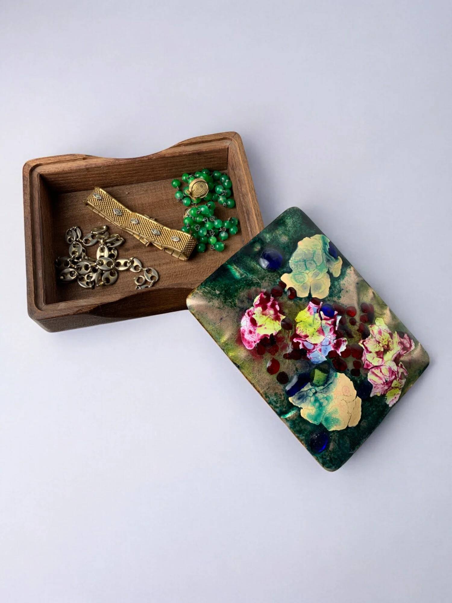 Modernist wood and enamel vanity box by J. Capo Esmaltes, 1970s, Spain