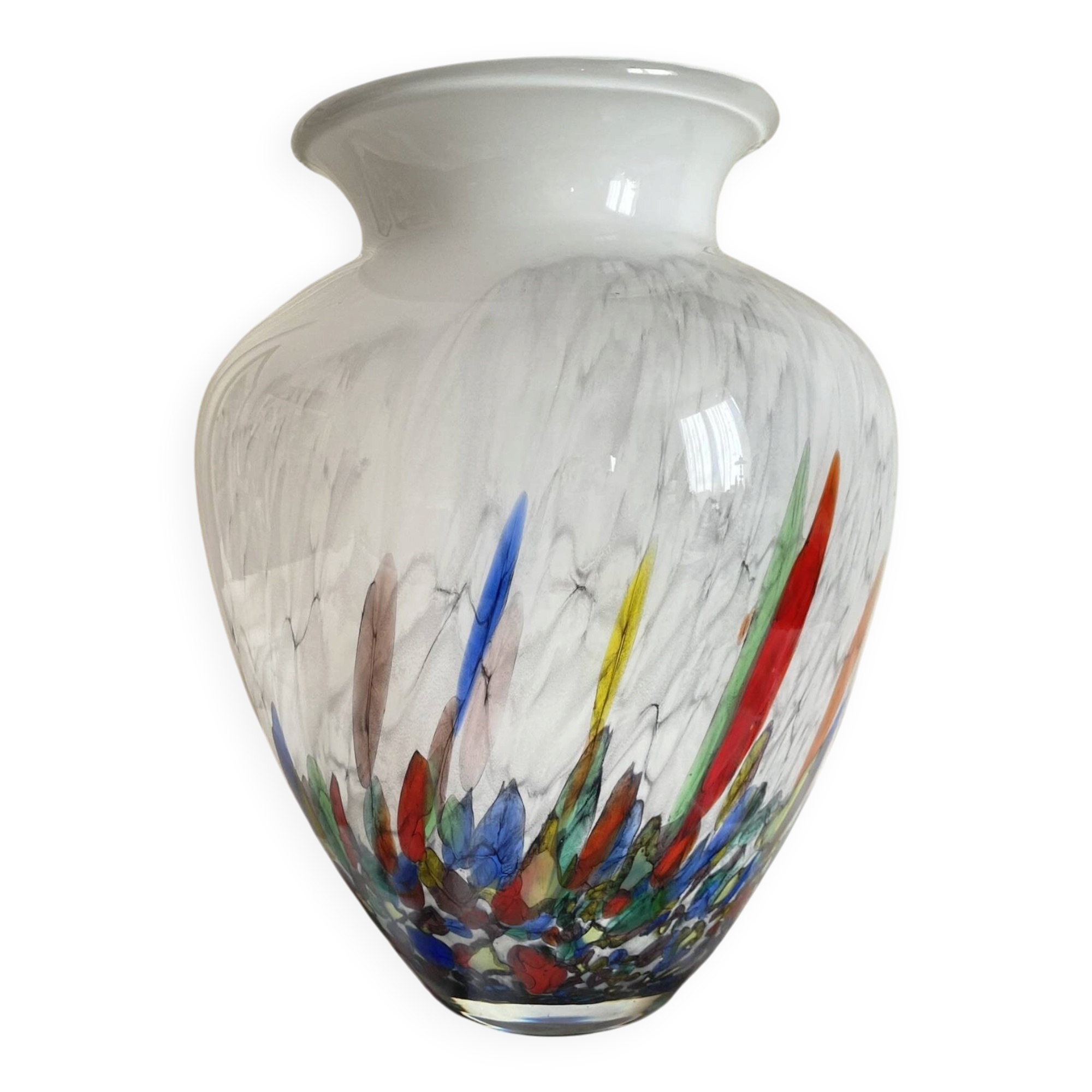 Large blown glass vase with polychrome inclusions in the Murano style.