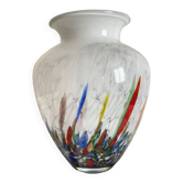 Grand vase en verre soufflé à inclusions polychromes style Murano