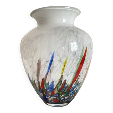 Large blown glass vase with polychrome inclusions in the Murano style.