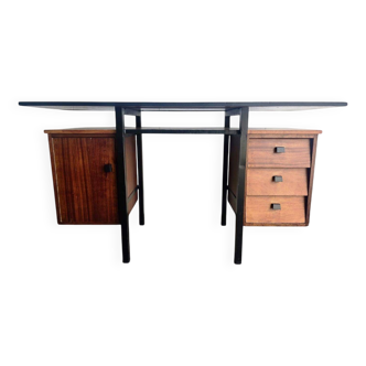 Vintage wooden desk with floating top and black frame