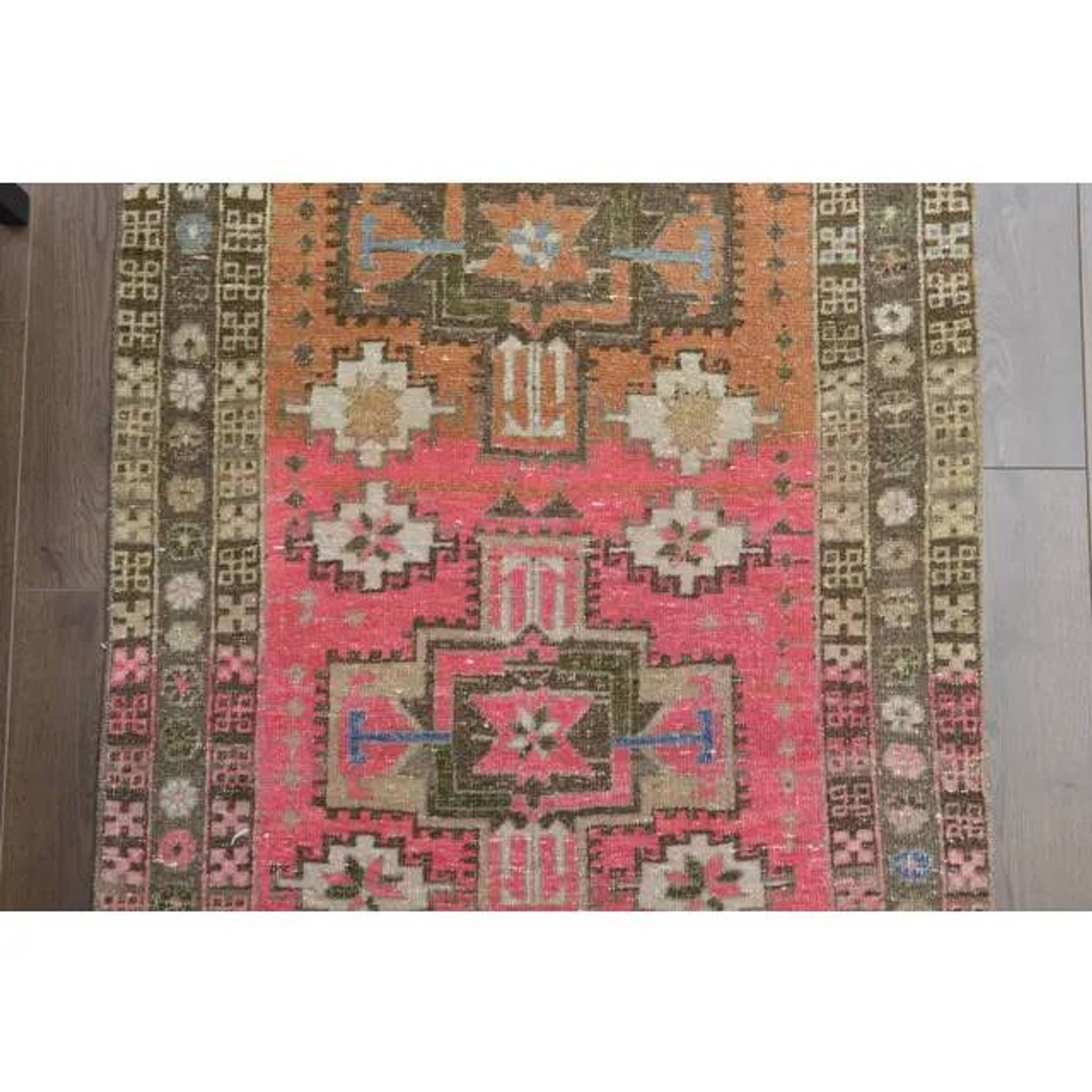 Vintage Turkish Oushak Handmade Wool Cotton Pink Runner Rug 96x242
