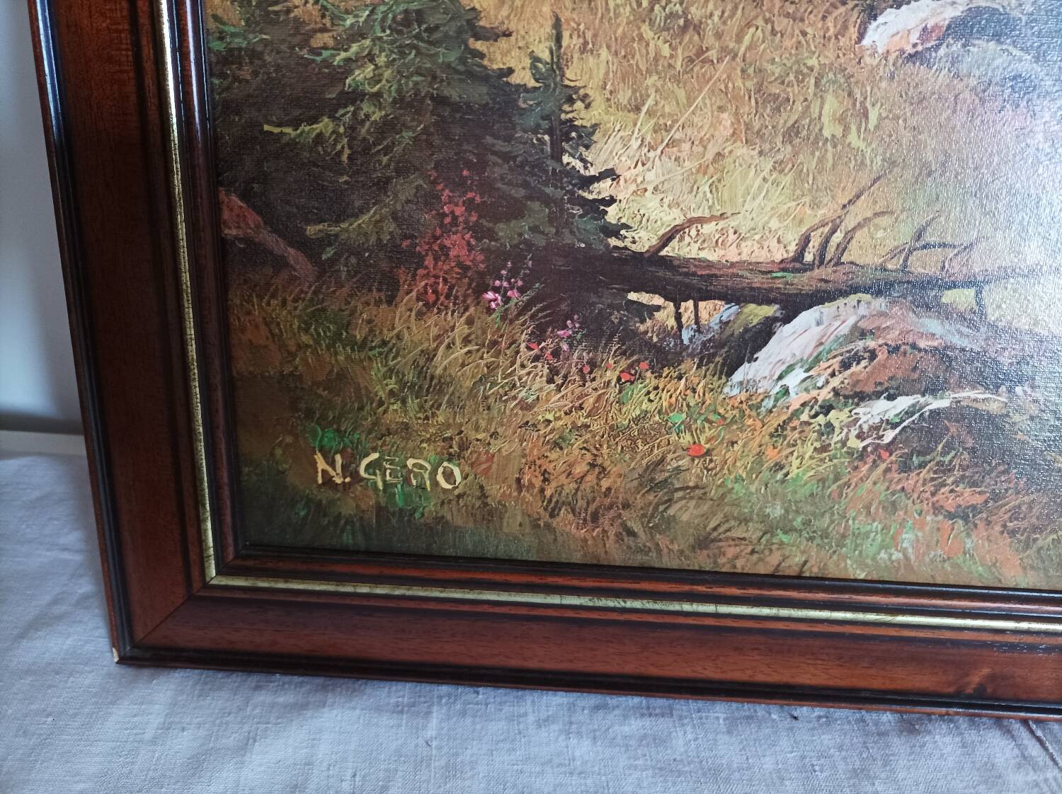 Oil print on wood signed deer motifs in the mountains framed