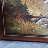 Oil print on wood signed deer motifs in the mountains framed