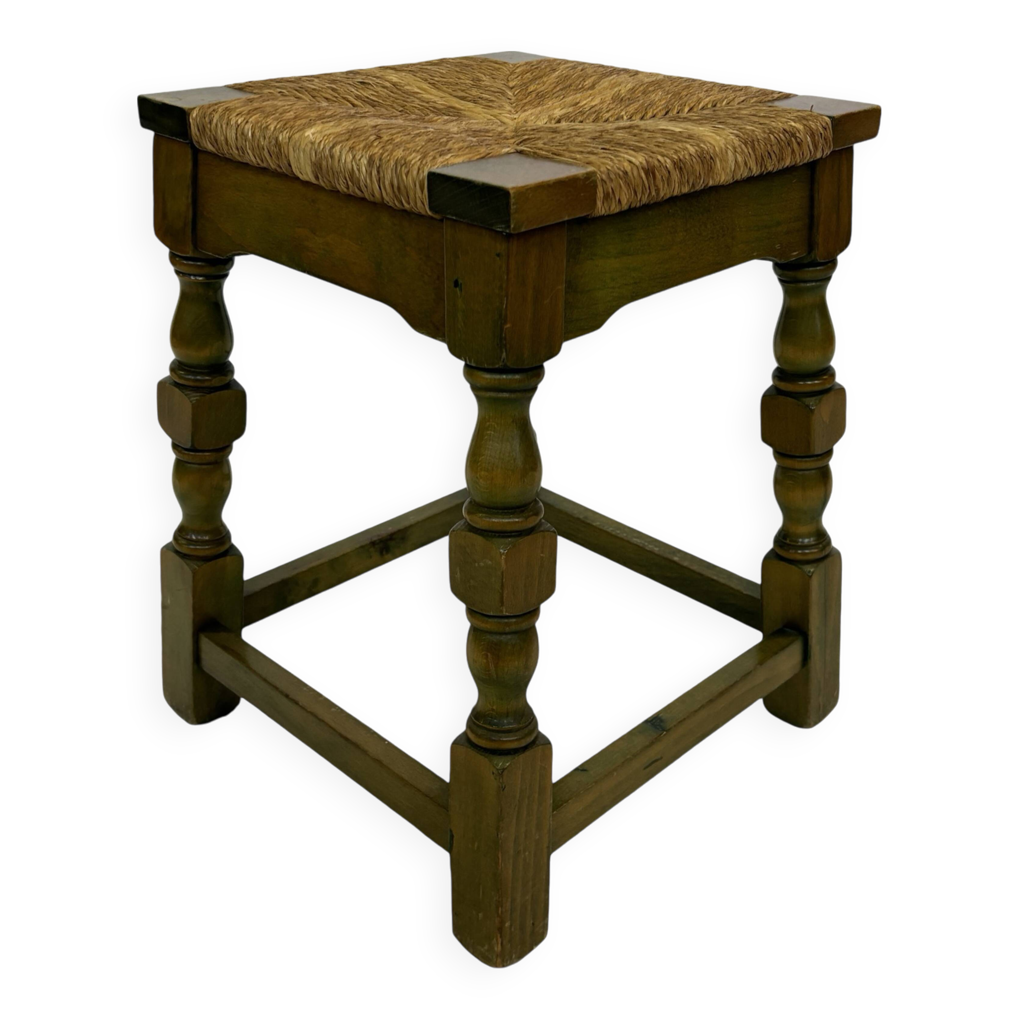 Vintage wooden stool straw seat 70s minimalist design in green