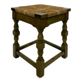 Vintage wooden stool straw seat 70s minimalist design in green