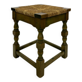Vintage wooden stool straw seat 70s minimalist design in green