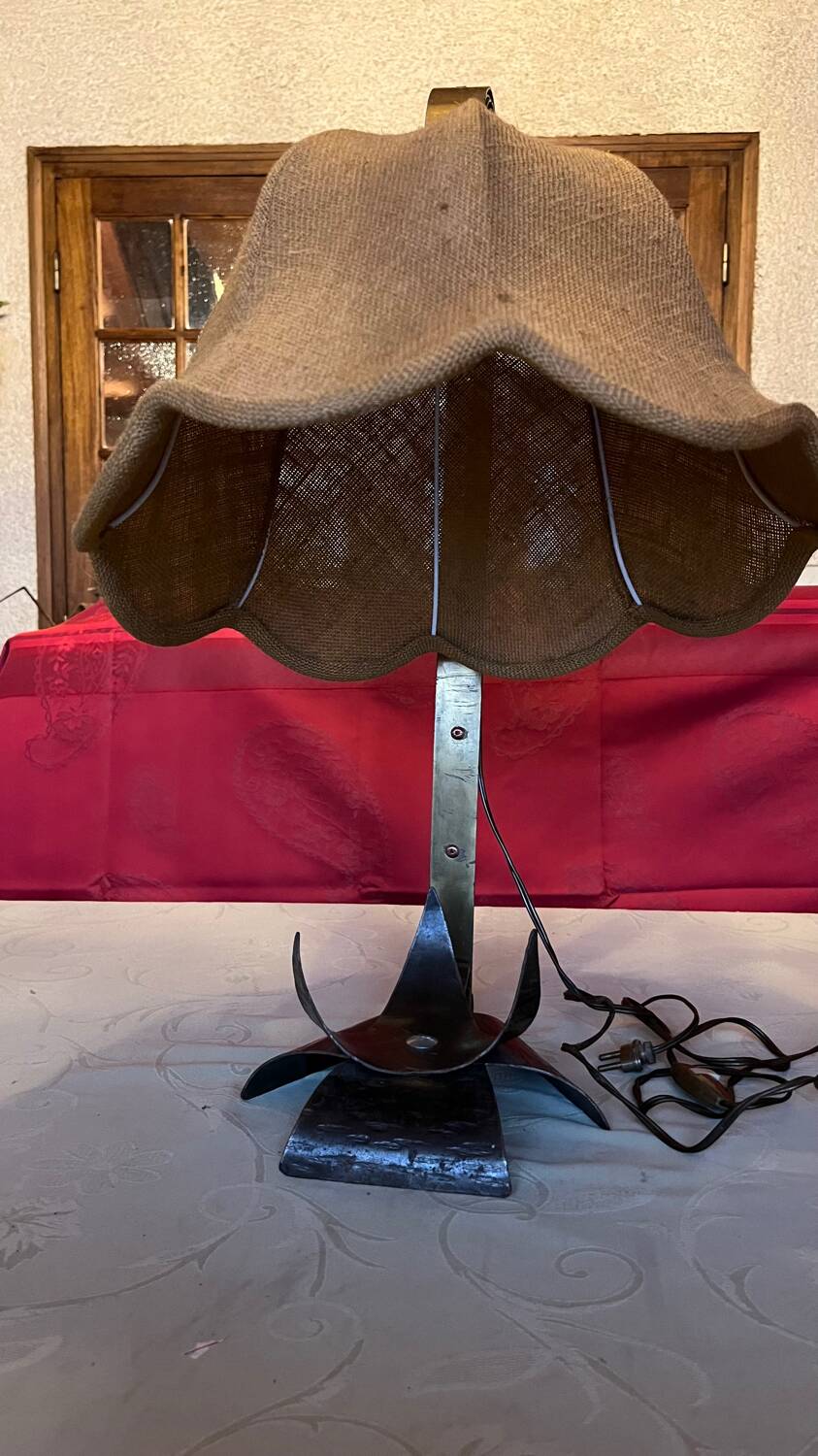 Vintage wrought iron burlap table lamp