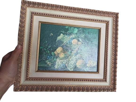 Still life, oil on framed canvas.