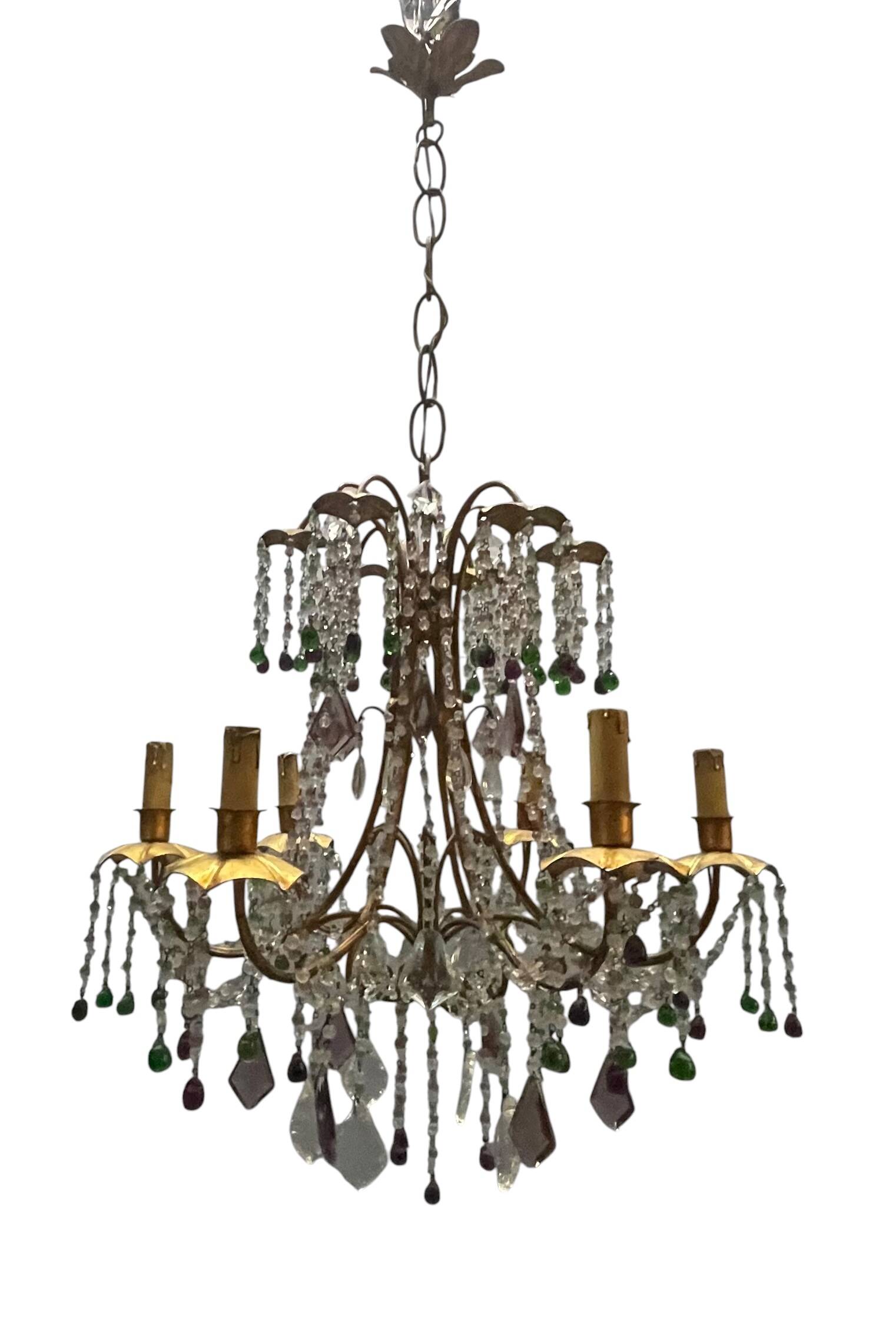 Chandelier en verre de Murano perlé doré en tole florentine italienne des années 1950 à 6 lumières