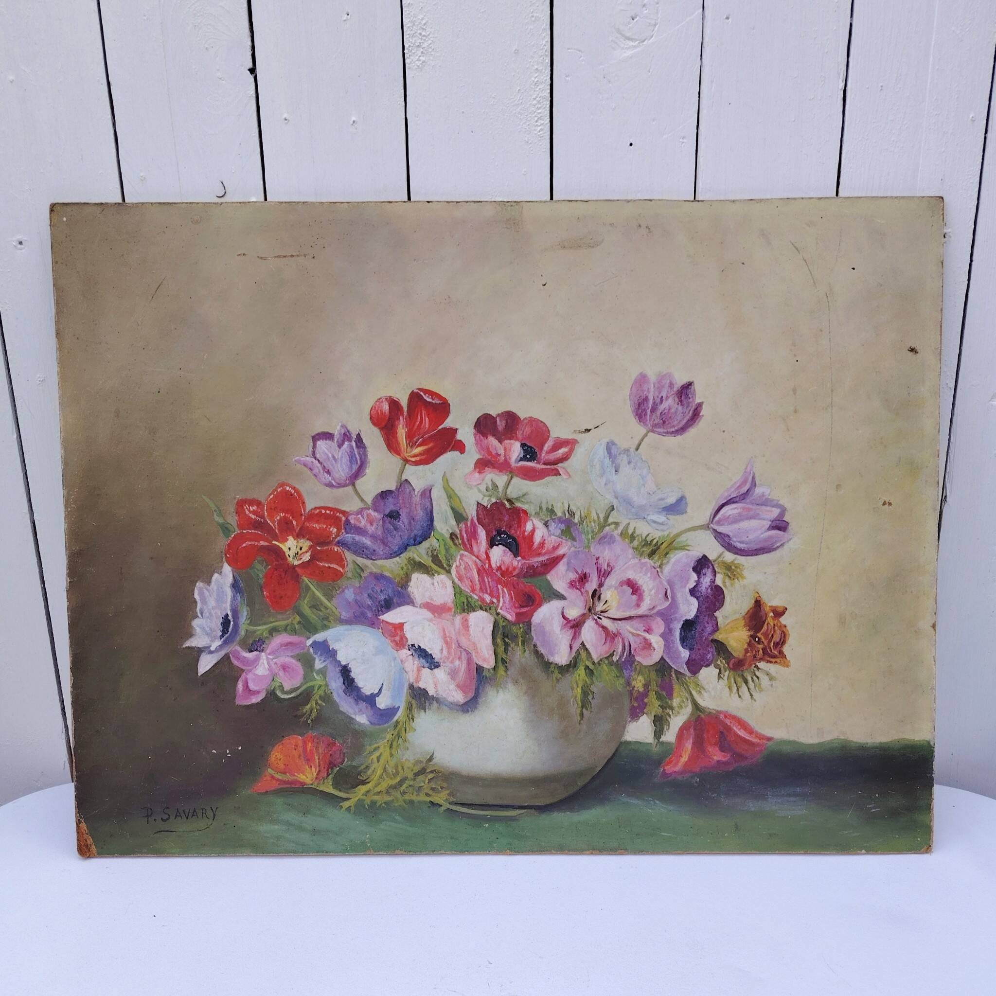 Painting of an anemones, oil signed Savary