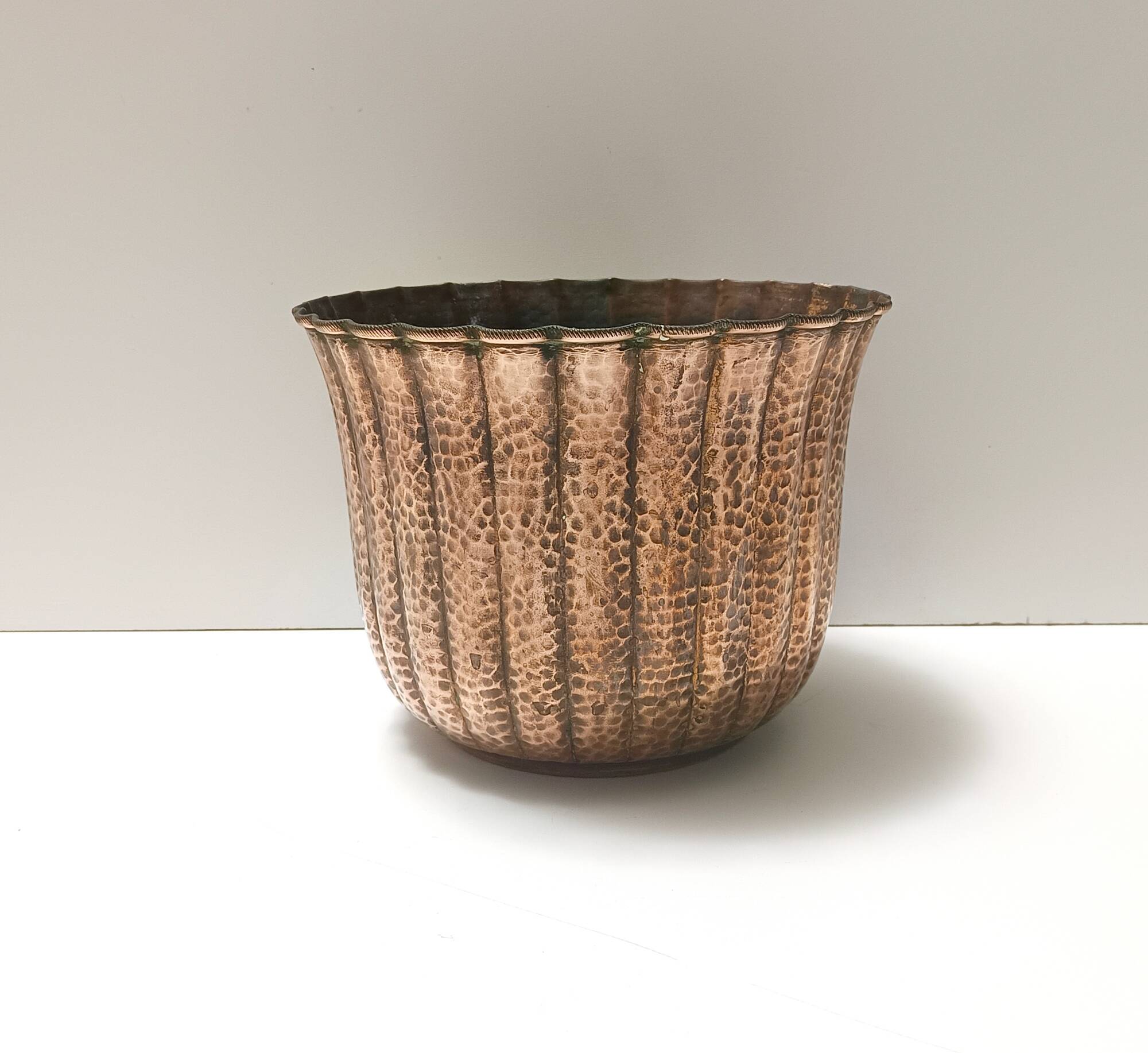 Round Embossed Copper Cachepot / Vase in the style of Egidio Casagrande