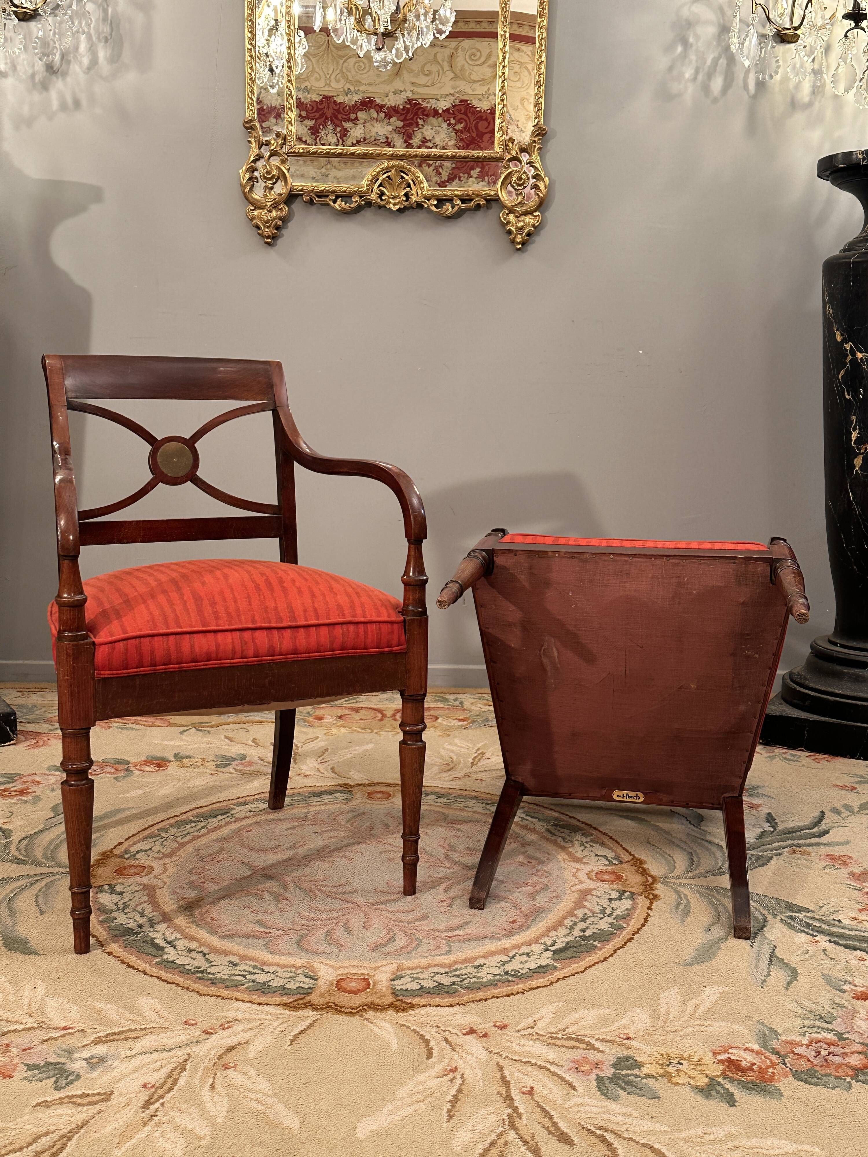 Maurice Hirch, Pair Of Stamped Mahogany Armchairs, 20th Century