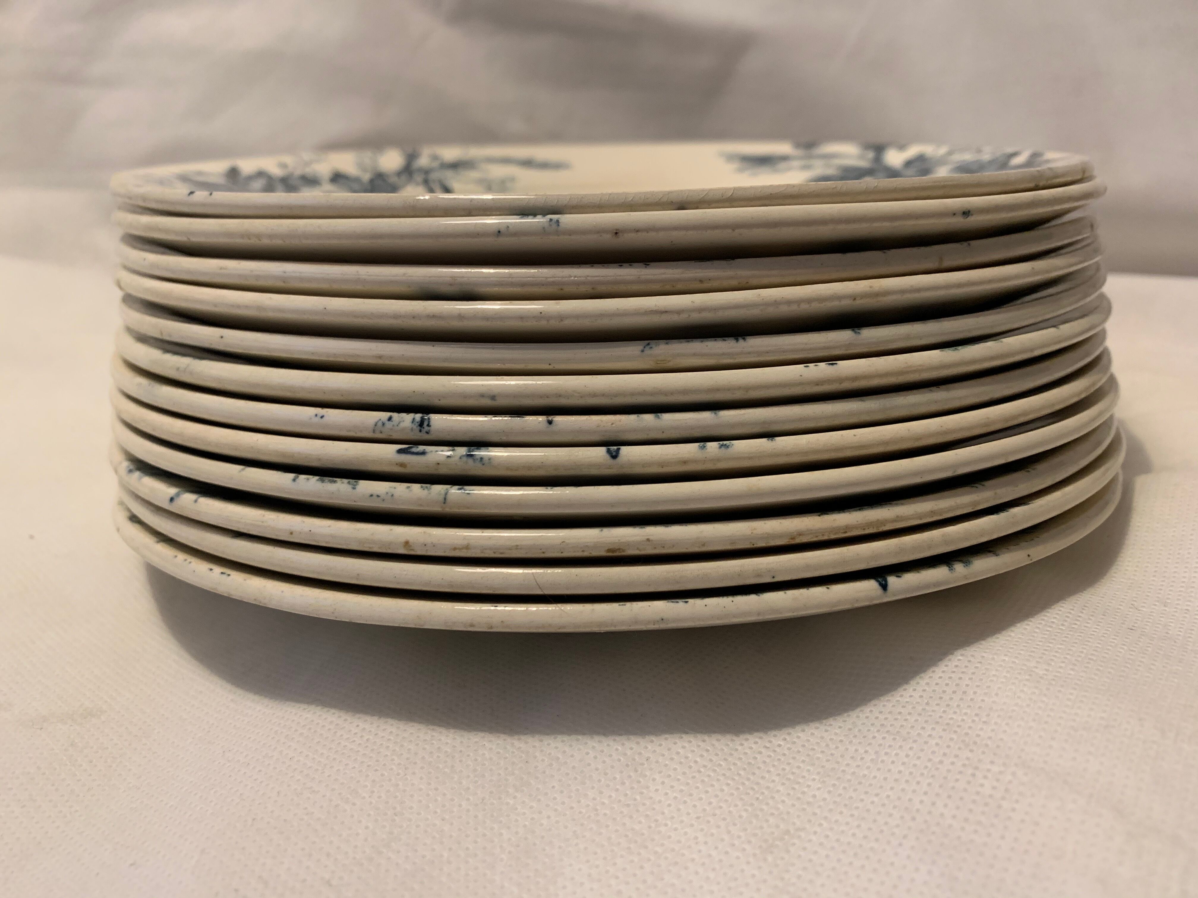Set of 12 old blue dessert plates Eglantines, Iron Land, HB and Co.