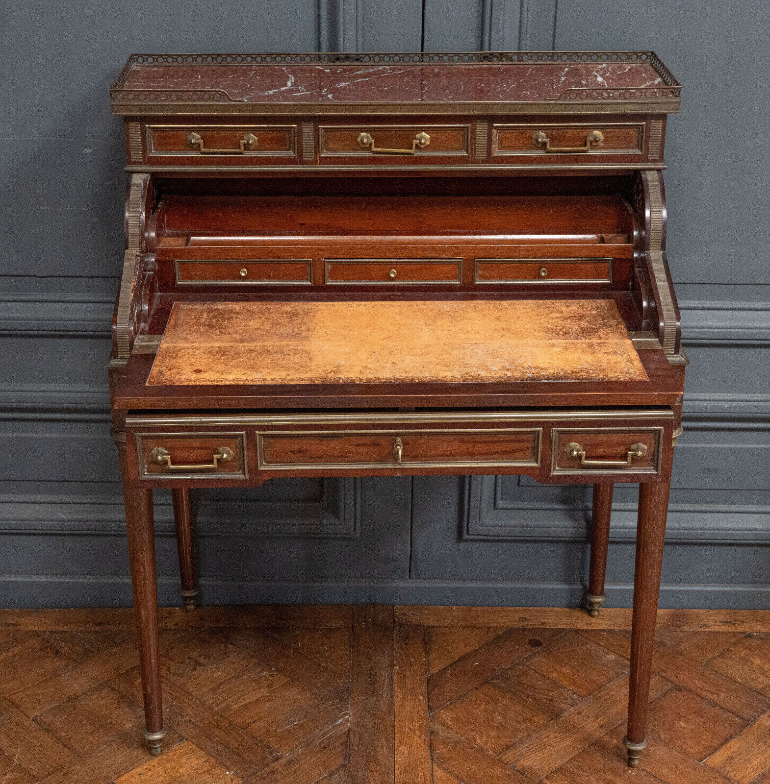 Mahogany cylinder desk nineteenth style Louis XVI red marble