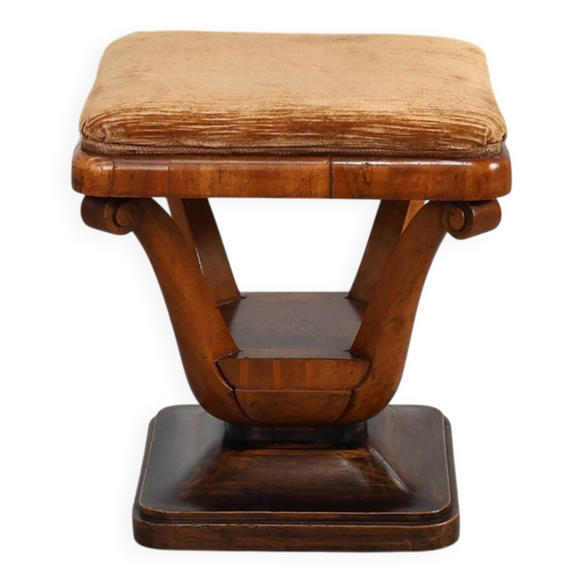 Art Deco Walnut Stool with Original Fabric, Italy, 1920