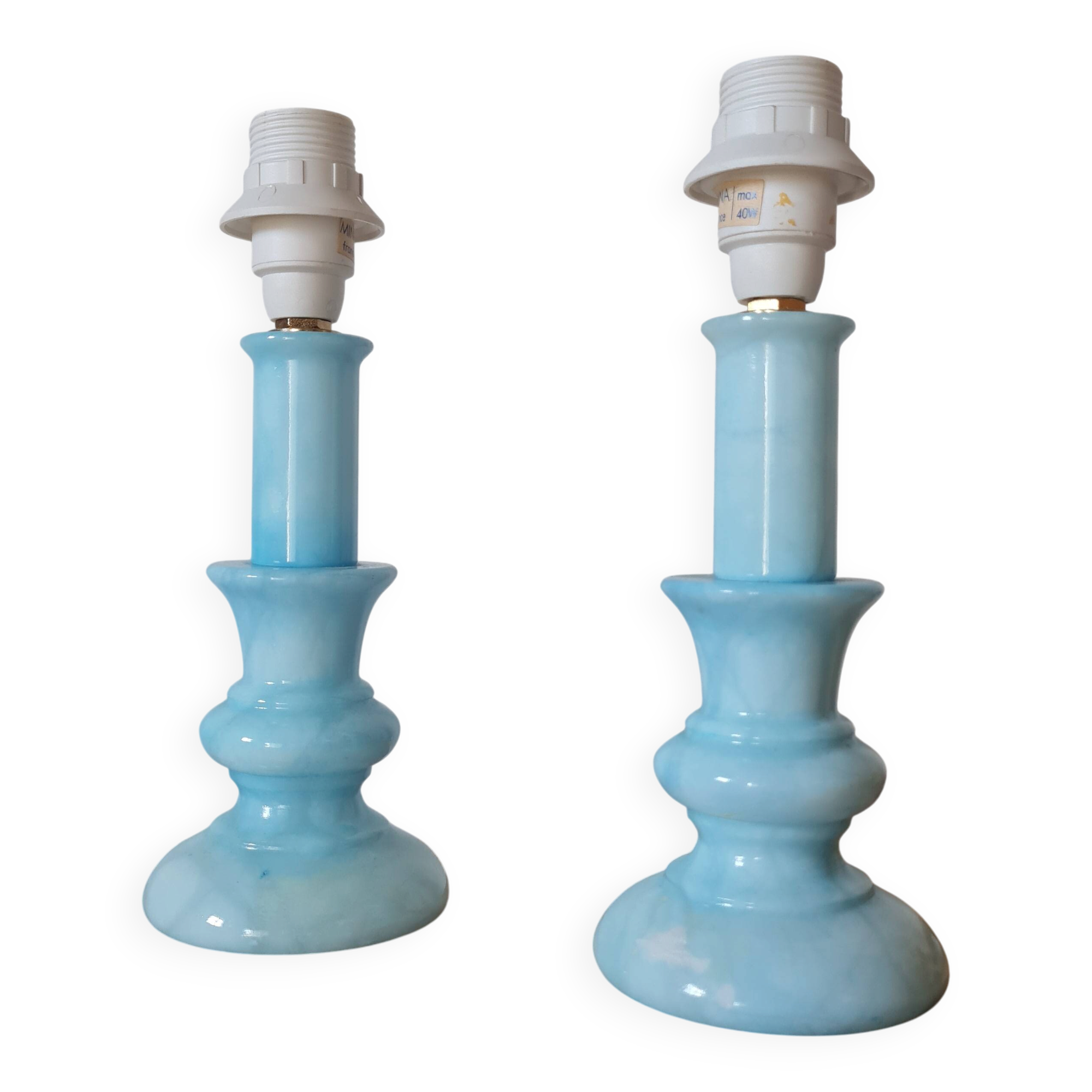 Pair of vintage azure blue alabaster bedside lamps
