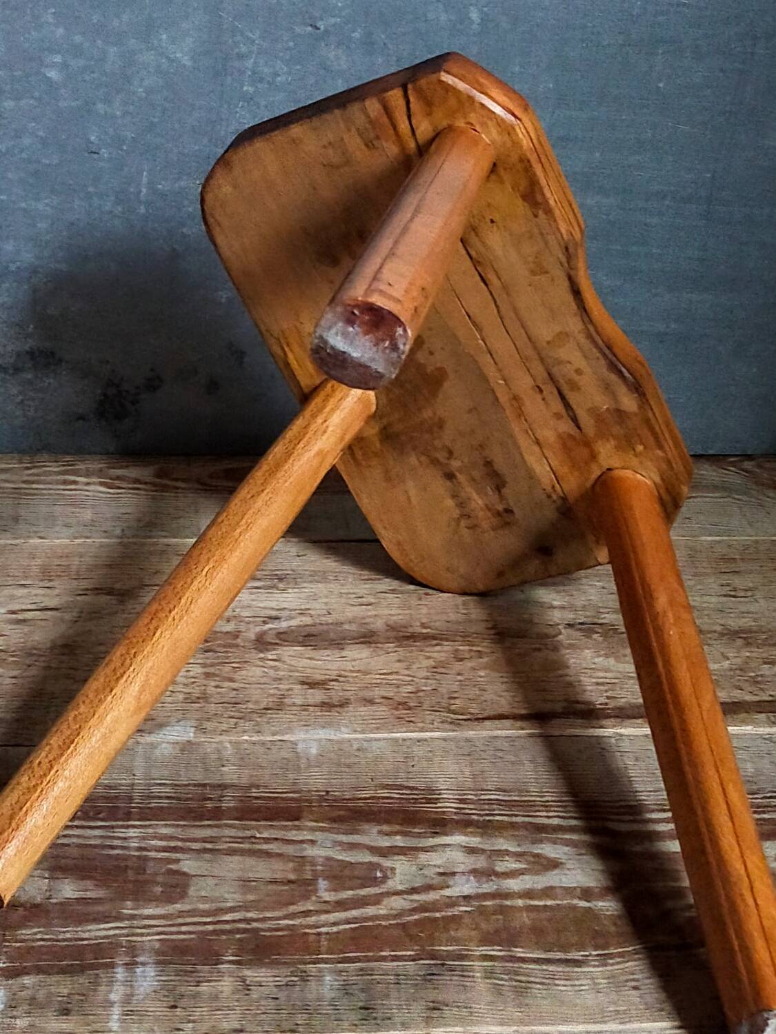 Solid wood tripod stool from the 50s