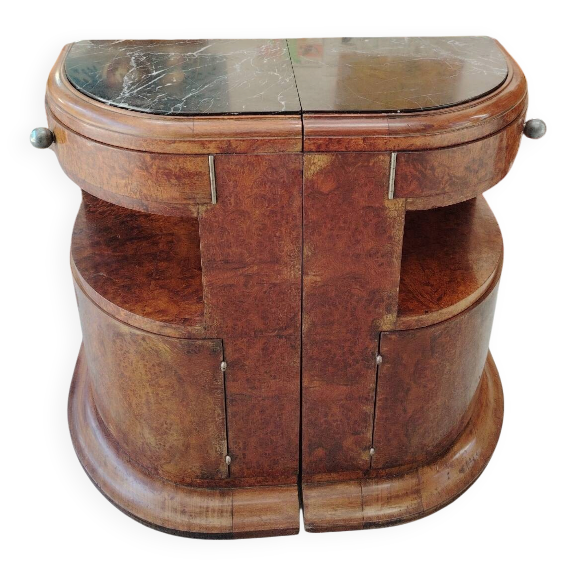 Pair of Art Deco half-moon bedside tables in walnut veneer and black marble.