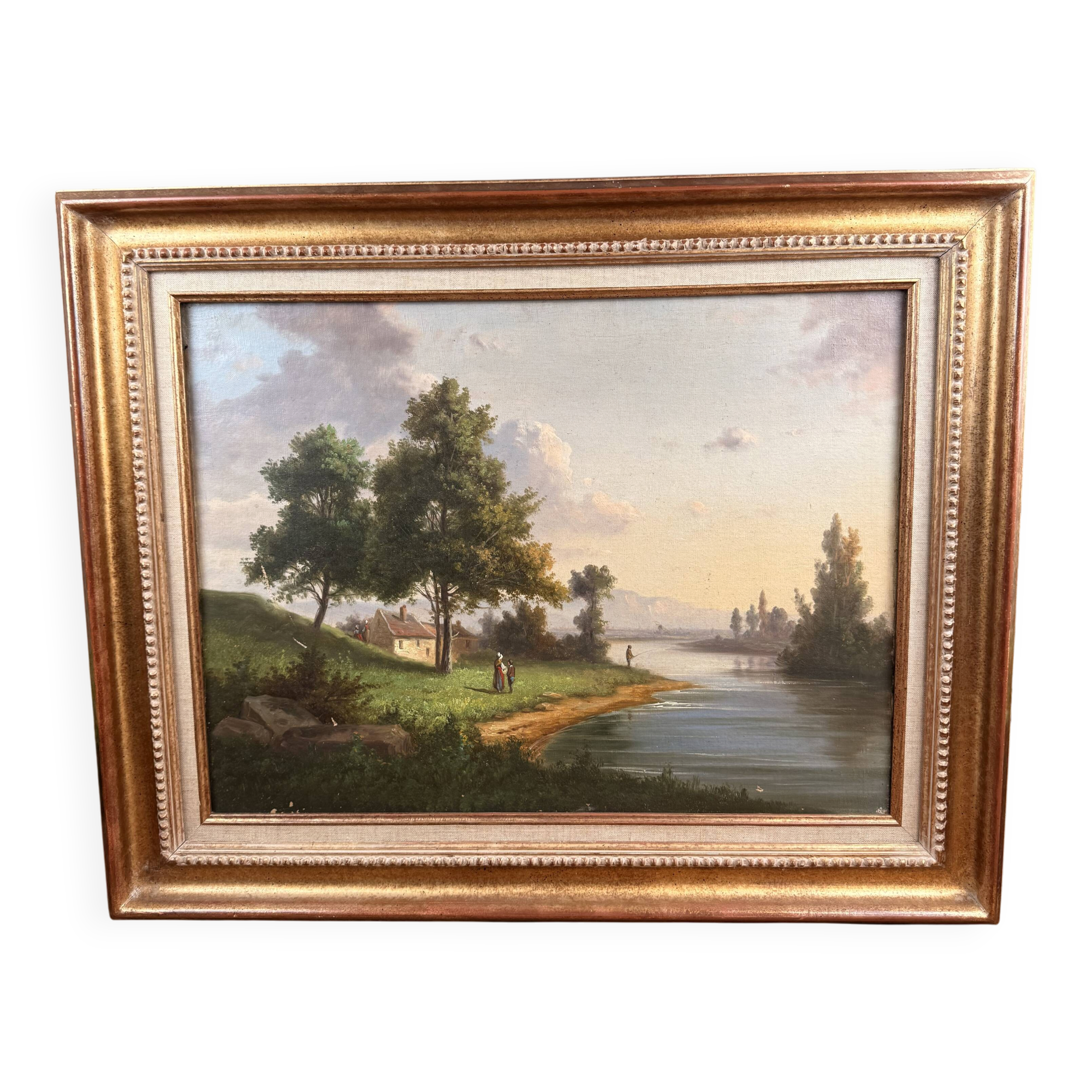 Oil on canvas landscape by the river – antique gilded frame