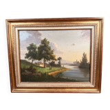 Oil on canvas landscape by the river – antique gilded frame