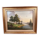 Oil on canvas landscape by the river – antique gilded frame