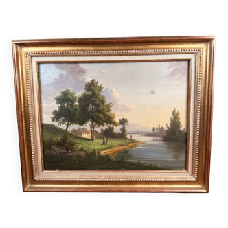 Oil on canvas landscape by the river – antique gilded frame